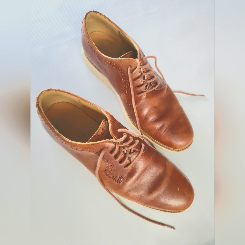 Cole Haan Mens Size 9.5 Lunargrand Shoes Plain Toe Woodbury Leather Brown